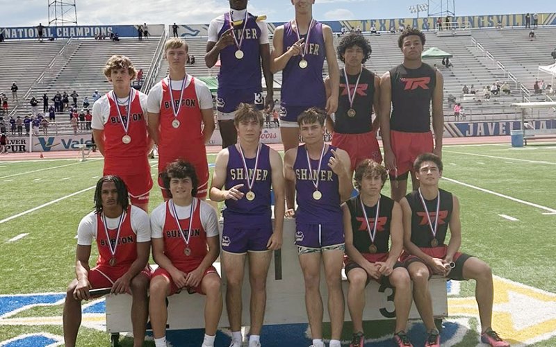 The boys 400-meter relay team of Quincy Jones (top, third from left, Tyler Harvey (top, third from right), Caleb Cowan (bottom, third from left) and Clayton Fric (bottom, third from right). the team had a time of 42.66 seconds. Photos courtesy of Kristi Peterson.