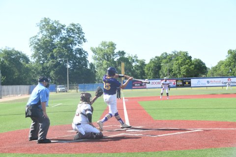 Bryce Nerada makes contact. He was 3-for-4 with two RBI in the series. Photo by Mark Lube.