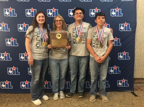 Moulton High School became the two-time, back-to-back Texas Class A State Champion Social Studies Team at the UIL Academics state meet held in Austin on Saturday, May 7.  Team leader Catherine Wenske, at left, was also a gold medalist in the event individually. She's pictured here with team coach Heather Olivarez and teammates Alex Tortoledo and Moises Manzano.