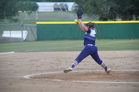 Dyllan Chrismon winds up a pitch in the second game Saturday in Weimar. Photo by Mark Lube.