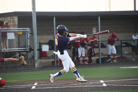 Shiner swung hard with 19 hits in the opener. Freshman Carson Schuette got two of those hits, two runs plated, a triple and brought in three runs. Photo by Mark Lube