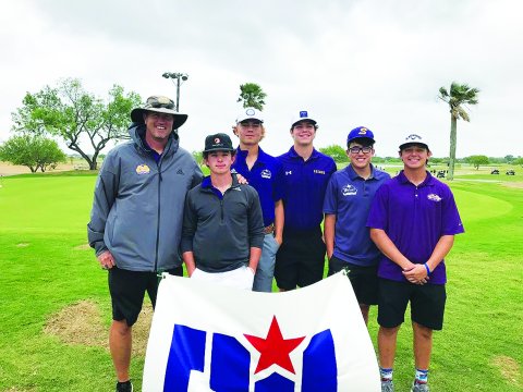 Shiner boys golf team. From left is head coach Randy Palmer, Jace Moeller, Bryce Filip, Ryan Peterson, Jackson Welch and Beck Bishop.Photo courtesy of Randy Palmer. 