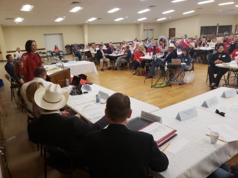 Texas State Sen. Lois Kolkhort speaks to a Yoakum crowd gathered fora Senate District 18 meeting in 2021. Both Kolkhorst and Myra Flores' Congressional District 34 will share a few of the same counties in Texas.