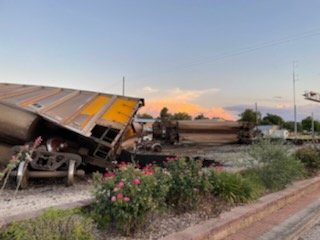 Damage from the train derailment in downtown Shiner earlier this month.