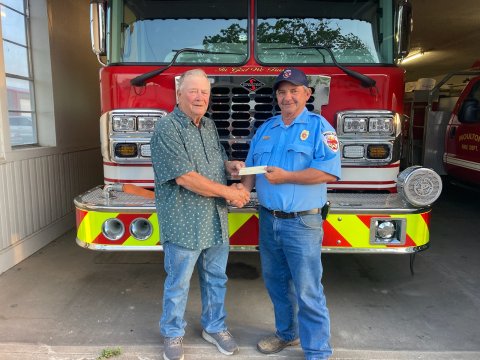 ​​​​​​​Elmer Michna with Moulton’s SPJST Lodge No. 184 recently passed along a financial contribution to Chief Tim Koncaba with the Moulton Volunteer Fire Department.