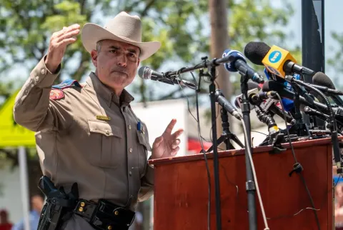 At a chaotic and confusing press conference on Thursday, May 26, 2022, Victor Escalon, an official with the Texas Department of Public Safety, offered additional details Thursday about the law enforcement response to a mass shooting at a Uvalde elementary school. Photo by Sergio Flores/The Texas Tribune