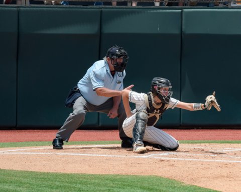 Yoakum's EL Moore was behind the plate during the Coahoma-Franklin UIL state softball semifinal. 