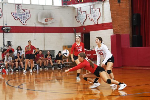 Avery Pesek stretches out for a dig. Photo by Mark Lube.