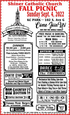 Don't miss the Shiner Catholic Church's 101st Fall Picnic on Saunday, Sept. 4!