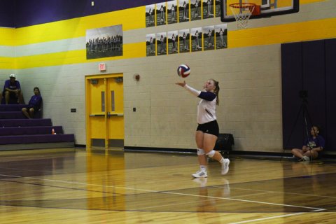 Charlotte Grosenbacher makes a serve. She had five aces against St. Paul. Photo by Mark Lube.