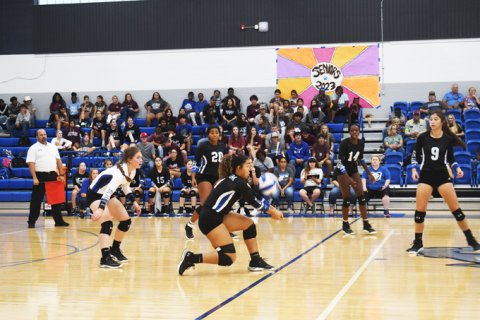 Deazia Rios gets a dig in the first set. Photo by Mark Lube.