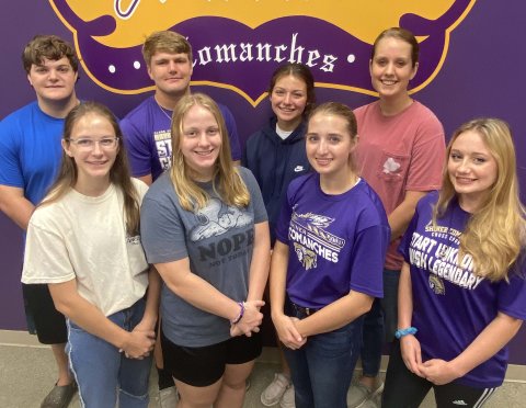 Back row, left to right, James Caddell, John (Dalton) Patton, Riley Rainosek, and Julie Ivy; front row, left to right, Grace Migl, Charlotte Grosenbacher, Megan Winkenwerder, and Molly Kollaus.