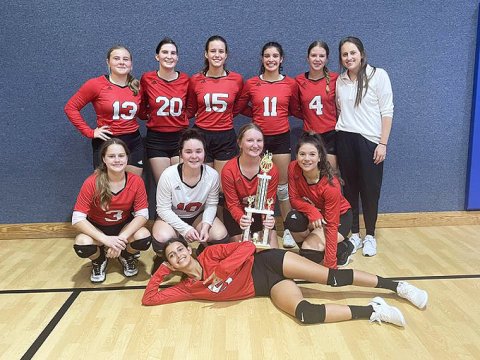 St. Paul JV, SM Hill Country  tournament champions. Front row, Nora Koch. Middle row from left is Karis Barta, Gracie Machart and Gabrielle Rodriguez. Top row from left is Jenna Stock, Emily Moeller, Jessica Fikac, Petra Koch, Kristin Cerny and coach Lenae Long. Photo courtesy of Emily Meischen. 