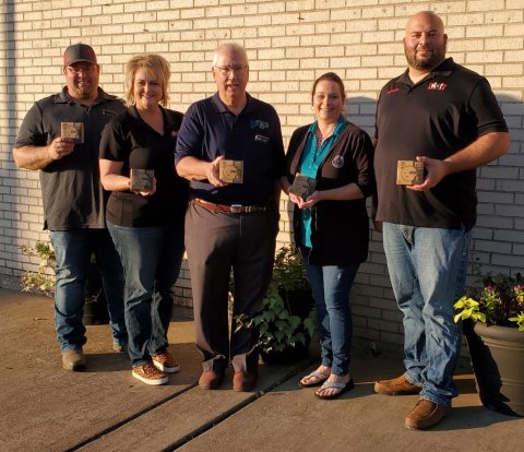 Pictured are, left to right, Ross Spann and Dawn Spann, owners of A-1 Shiner Fire and Safety, Inc., Mayor Fred Hilscher, City Secretary Natalie Fric and Field Operations Manager Shawn Flores. Contributed photo.