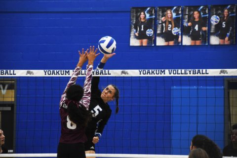 Hallettsville tries to block a swing by Addison Pekar. She had 10 kills. Photo by Mark Lube