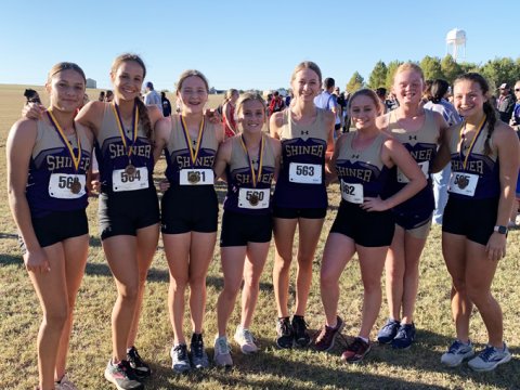 The Lady Comanches won first place in the varsity girls 1A-2A. From left is Brinley Ramirez, Erin Pustka, Callie Chrismon, Hayleigh Burns, Amelia Pohler, Molly Kollaus and Eve Roberts. Photo courtesy of Michelle Winkenwerder.
