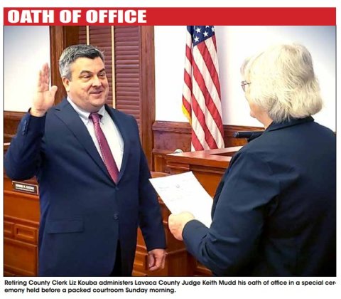 Image at the top of Hallettsville's Jan. 4 front page: Keith Mudd accepts his oath of office on Jan. 1.