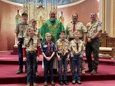 Pictured are, front row, left to right, Paul Filip, Andrew Machacek, Isaac Bonorden and Kolton Wilgus; back row, left to right, Noah Bonorden, Hudson Koncaba, Fr. Bryan Meyer, Patrick Klozik and Charles Bonorden.
