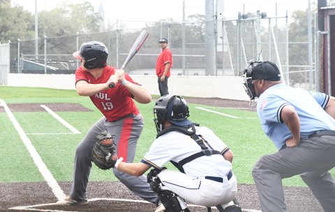 Nate Boedeker at bat against Logos Prep on Thursday afternoon. Photo by Mark Lube.