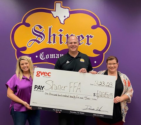 GVEC made a generous donation to the Shiner FFA Stock Show.Pictured are, left to right, Amberly Moye, Superindentent Alex Remschel and Christine Presley.