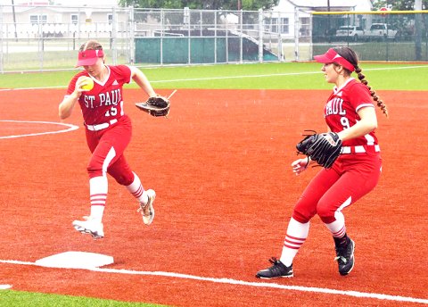 Hailey Radicke hustles toward first base to make an unassisted putout in the regional win over San Marcos Hill Country School. Photo by Mark Lube.