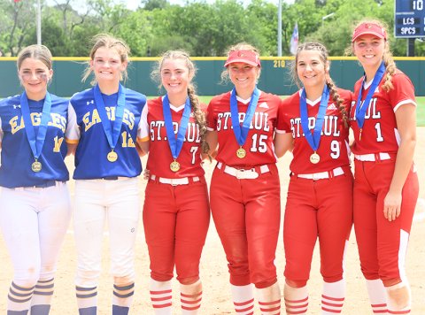 Lady Cardinal All-Tournament players. Third from left is Presley Tuch, third from right is Hailey Radicke, second from right is Stefany Pokluda and right is Julia Machacek. Photo by Mark Lube. 