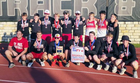 The St. Paul boys track and field team won the TAPPS 2A South regional track title while the girls placed second. St. Paul will have 20 athletes in action at the state meet tomorrow and Friday in Waco. Photo courtesy of Jake Wachsmuth.