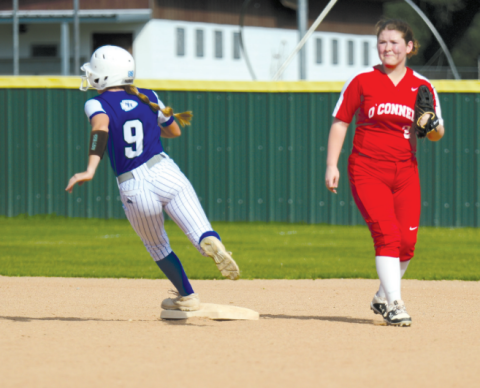 Avery Beach rounds second after a base hit by Karley Kostelnik. Chuck Grafe/Tribune-Herald