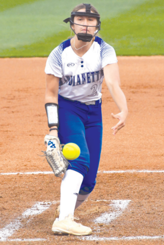 Haley Noska delivers a pitch during the state semifinal game. Mark Lube/Shiner Gazette
