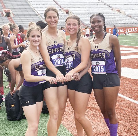 the Lady Comanche mile-relay team of from left Hayleigh Burns, Rylee Vancura, Riley Rainosek and JaMya Wright set a new school record with a time of 4:03.15. The old record of 4:04.10 was set in 2017 by Rashel Bonds, Mackinly (Pilat) Fifer, Kyondra Miller and Faith Wagoner. Photo courtesy of Kristi Peterson.