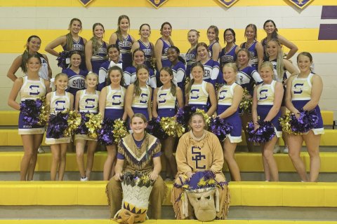 Pictured are, front row, left to right, Junior High Mascot Kenzie Springfield and Varsity Mascot Valery Bordovsky; second row, left to right, Reagan Horn, Blair Epley, Kayla Heinhold, Mallory Johnson, Taylor Kocian, Emersyn Boehm, Madi Hubbard, Tinsley Vasek, Gracyn Chrismon, and Harlee Sevcik; third row, left to right, UCA Instructor Rachel, Arya Terry, Jaeleigh Ramirez, Reagan Fluitt, Klair Hailey, Lexi Boner, Lily Prove, and UCA Instructor Kaily; fourth row, left to right, Chesney Machacek, Callie Sevcik