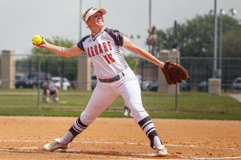 Cowan winds up a pitch in a game against Huston-Tilloston. She had a career-high 17 wins and set the school record in shutouts with 14. Photo courtesy of Howard Esse.