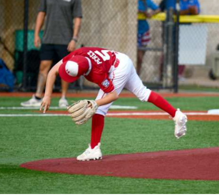 Zach Perez follows through on a pitch in the first inning. Chuck Grafe/Tribune-Herald
