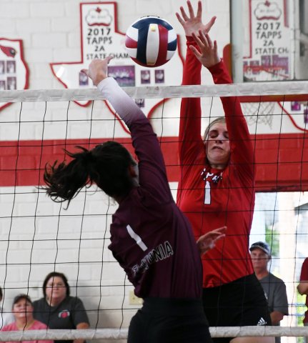 Riley Mozisek jumps up to attempt a block on a shot by Flatonia’s Avalon Saavedra Aug. 15 at St. Paul gym. Photo by Mark Lube.