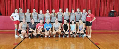  Bottom row from left are alumni players Ashlyn Steffek, Paige Brown, Brooke Pesek, Seryna Garza, Allie Kutac, Hope Blahuta, Trinity Garza and Gracey Novosad. Top row from left are 2023 team:  assistant coach Lenae Long, Dallyn Pesek, Emily Stamport, Emily Moeller, Maurin Knesek, Stefany Pokluda, Avery Pesek, Tori Walker, Faith Machart, Sam Moeller, Riley Mozisek, Skylar Mozisek and head coach Nicco Brown. Submitted photo.