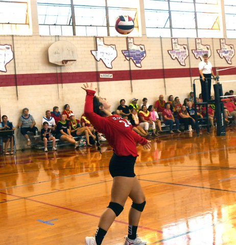 Stefany Pokluda and the St. Paul varsity volleyball team are 5-0 in district coming into this week where they faced Pflugerville Concordia Tuesday and will play SH Thursday. Photo by Mark Lube.