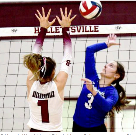 LB Kenedy Wood (1) and Edna’s Megan Callaway at the net. Chuck Grafe/Tribune-Herald