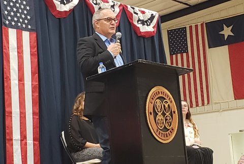 Steven Greenwell speaks at the 2022 Veterans Day Services held in his hometown of Moulton, on his time as a U.S. Marine and later, as a special agent with the state department's Homeland Security. he was honored Monday by the U.S. Attorney's Office for one of the last cases he cleared before retiring from the special investigations unit and became Lavaca County's Precinct 1 Justice of the Peace, not long thereafter. Photo by Bobby Horecka