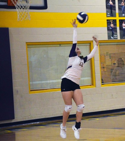 Lexi Boner makes a serve during the Junior Varsity Gold match against Louise. Shiner won in a sweep. Photo by Mark Lube.