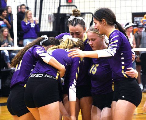 The Lady Comanche Class of 2023 seniors console and embrace one another following the match. Seniors are (not listed as shown) Meghan Blaschke, Brooke Palmer, Aimee Mitchon, Charlotte Grosenbacher, Chelsea Whiddon and Rylee Vancura. Photo by Mark Lube.