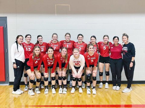 TAPPS 2A bi district champions St. Paul. Bottom row from left are Avery Pesek, Stefany Pokluda, Kristin Cerny, Maurin Knesek and Dallyn Pesek. Top row from left are assistant coach Lenae Long, Emily Moeller, Sam Moeller, Faith Machart, Riley Mozisek, Tori Walker, Emily Stamport, Skylar Mozisek, head coach Nicco Brown and assistant coach Karli Rodriguez. Photo courtesy of Nicco Brown.