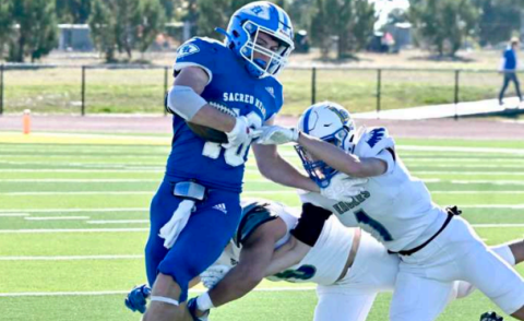 Brady Haas tries to elude the Eagles Drew Claussen.Melissa Kutac/Tribune-Herald