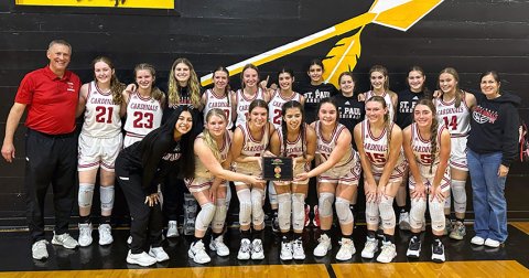 The Lady Cardinals won the Prairie Lea Tournament last week with a 3-0 record. Bottom row from left are Mariah Jackson, Maurin Knesek, Brooke Cerny, Julia Barecky, Gracie Machart, Hailey Radicke and Presley Tuch. Top row from left are head coach Jake Wachsmuth, Addy Matias, Skylar Mozisek, Riley Mozisek, Kristin Cerny, Sloane Kocian, Petra Koch, Nora Koch, Karis Barta, Dallyn Pesek, Faith Brown, Avery Pesek and assistant coach Nicco Brown. Photo courtesy of Jake Wachsmuth.
