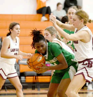 Alaina Halata, right, and Haven Drozd, background, defend in the post vs. Boling Friday. Chuck Grafe/Tribune-Herald