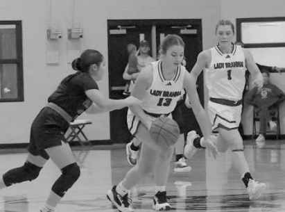 Addison Matula controls the basketball in the district-opening victory here Friday. Chuck Grafe/Tribune-Herald