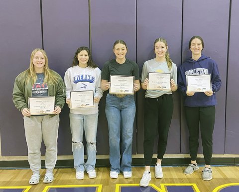 Shiner volleyball Academic All-State. From left  are Charlotte Grosenbacher, Brooke Palmer, Chelsea Whiddon, Aimee Mitchon and Rylee Vancura.
