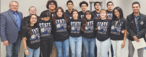 Many YHS Senior Band members were on hand to accept the recognition from the Yoakum ISD School Board for the State Marching Contest held on Nov. 8, 2023 at the Alamodome for the second consecutive year. Pictured at left are President Glen Kusak and YHS Band Director Dr. Jennifer Voges and at far right YHS Band Director Aaron Villarreal with band students.