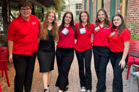 Members attending the FCCLA Conference are, from left, Carson Barrera (Chapter Service Chair); Brenna Scott (Chapter Vice President); Nadia Evans, Laney Bible, Madilyn Camarillo (Chapter President and Conference Voting Delegate), Kendall Mayer