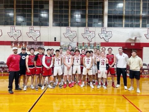 Boys alumni, varsity and coaches. Alumni players (not listed as pictured) were Gerard Nunez, Trent Brown, Joseph Twyford, Carson McNabb, Jacob Wachsmuth, Cade Davis, Sam Benes and Jacob Seibert. Photo courtesy of Jake Wachsmuth.  