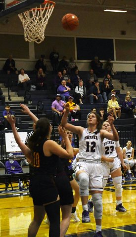 Rylee Vancura (#12) in action against Thorndale on Feb. 12. She had a double double against Big Sandy on Friday with 18 points and 14 rebounds. Photo by Mark Lube.